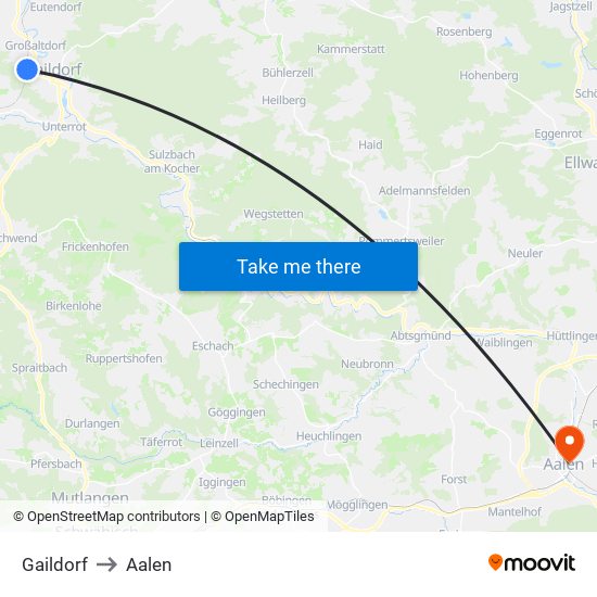 Gaildorf to Aalen map