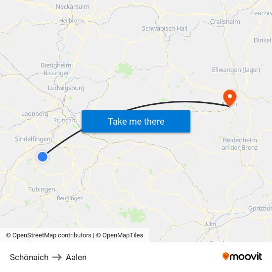 Schönaich to Aalen map