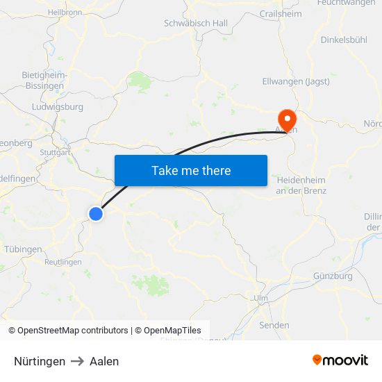 Nürtingen to Aalen map