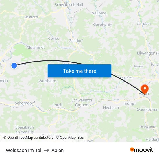 Weissach Im Tal to Aalen map