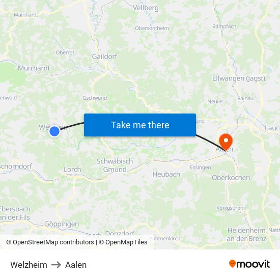 Welzheim to Aalen map