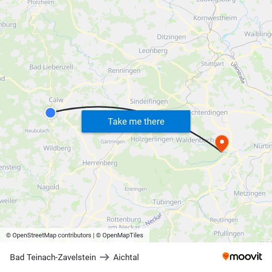 Bad Teinach-Zavelstein to Aichtal map