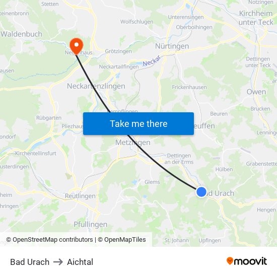 Bad Urach to Aichtal map