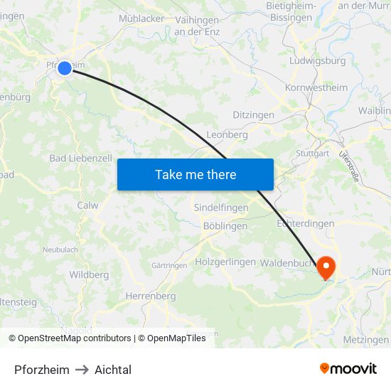 Pforzheim to Aichtal map