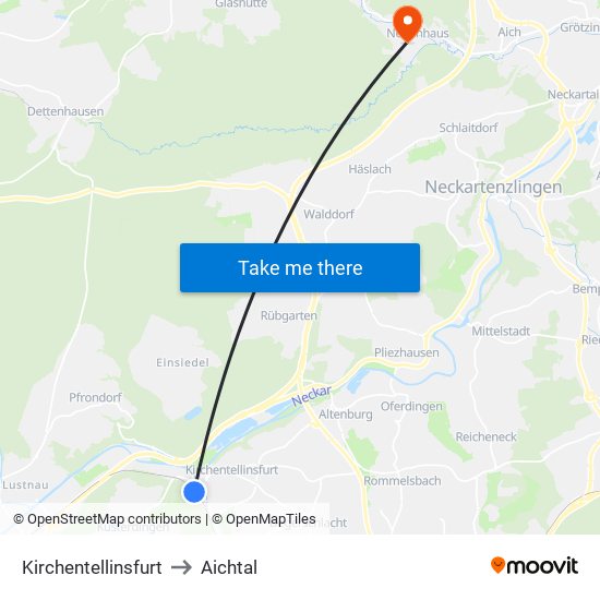 Kirchentellinsfurt to Aichtal map