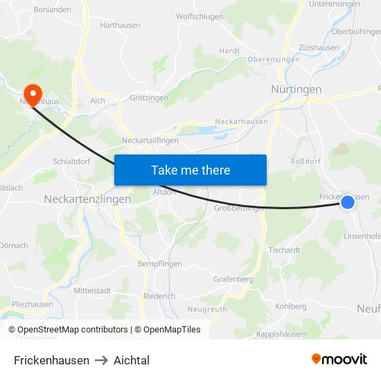 Frickenhausen to Aichtal map