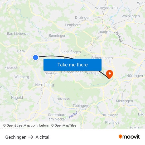 Gechingen to Aichtal map