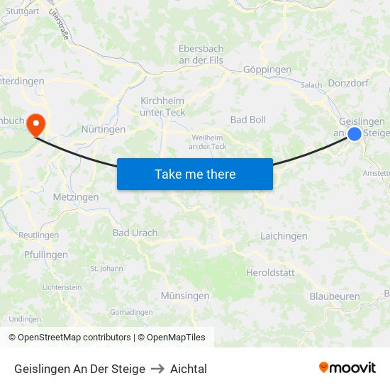 Geislingen An Der Steige to Aichtal map