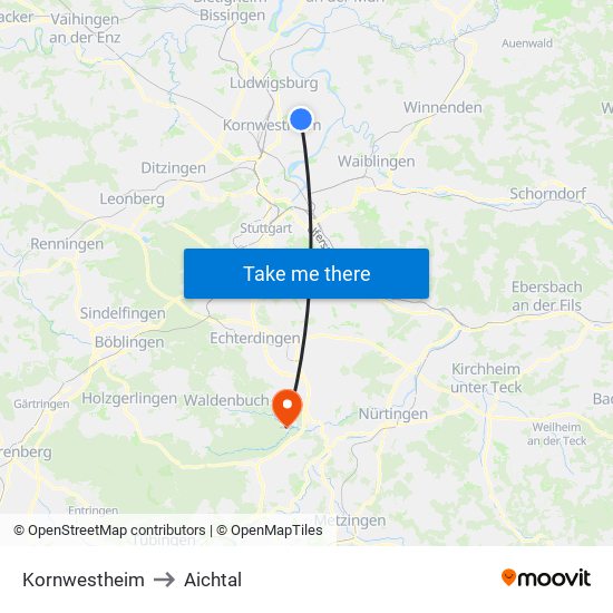 Kornwestheim to Aichtal map