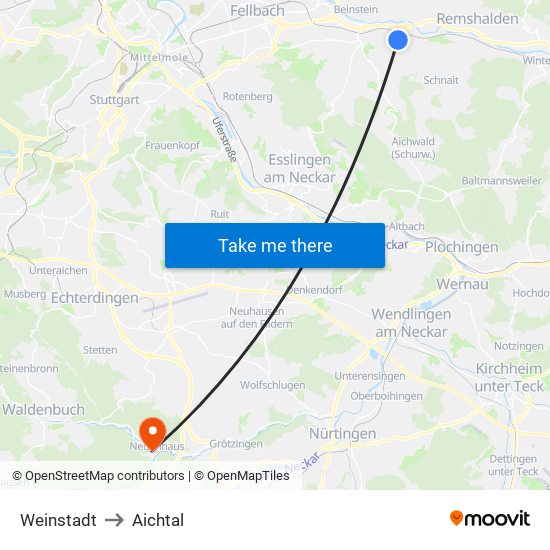 Weinstadt to Aichtal map