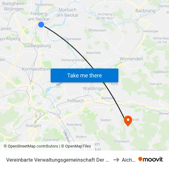Vereinbarte Verwaltungsgemeinschaft Der Stadt Freiberg am Neckar to Aichwald map