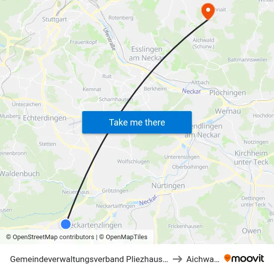 Gemeindeverwaltungsverband Pliezhausen to Aichwald map