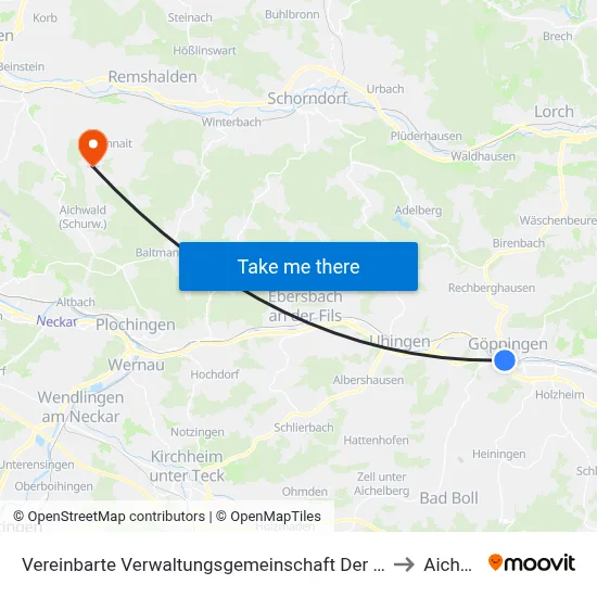 Vereinbarte Verwaltungsgemeinschaft Der Stadt Göppingen to Aichwald map