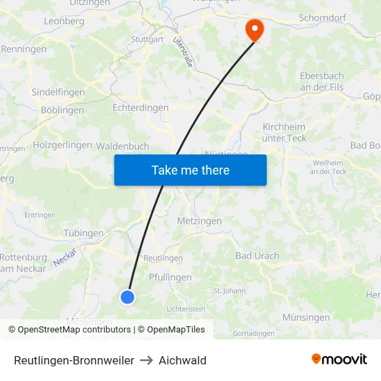 Reutlingen-Bronnweiler to Aichwald map