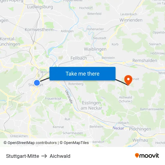 Stuttgart-Mitte to Aichwald map