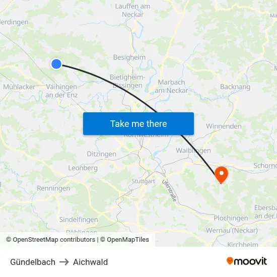Gündelbach to Aichwald map