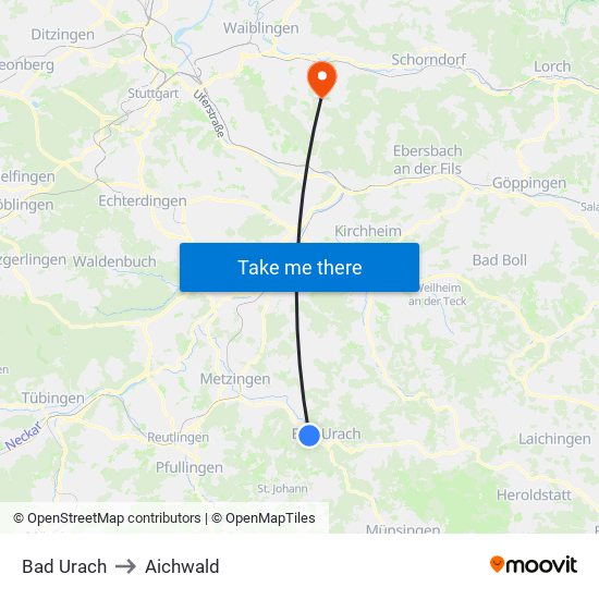 Bad Urach to Aichwald map