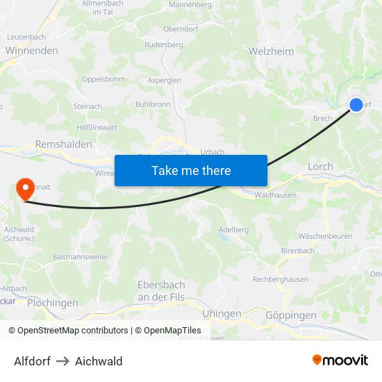 Alfdorf to Aichwald map