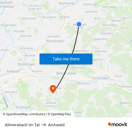 Allmersbach Im Tal to Aichwald map