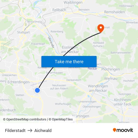 Filderstadt to Aichwald map