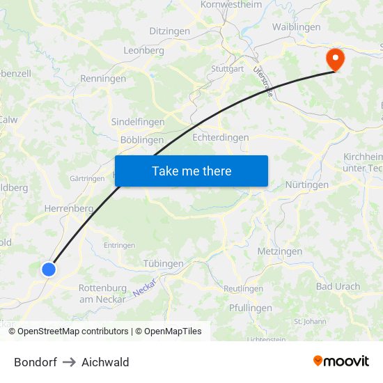 Bondorf to Aichwald map