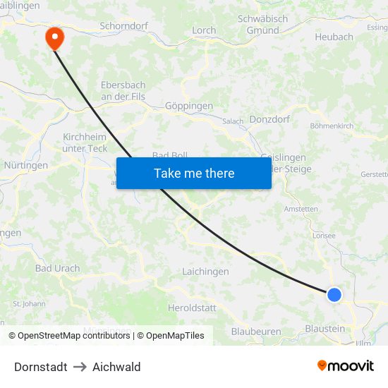 Dornstadt to Aichwald map
