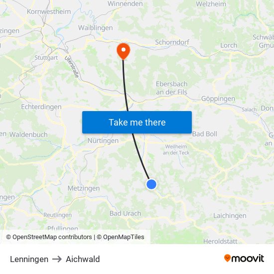 Lenningen to Aichwald map