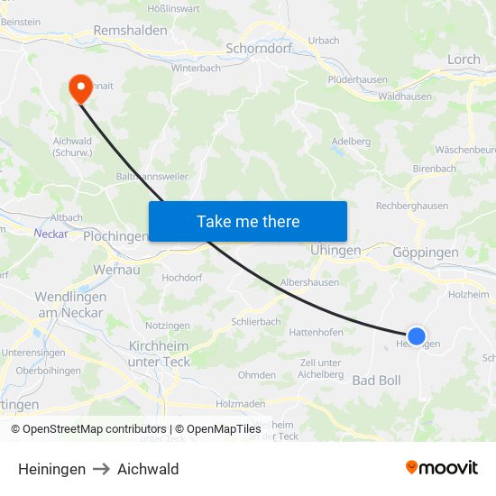 Heiningen to Aichwald map