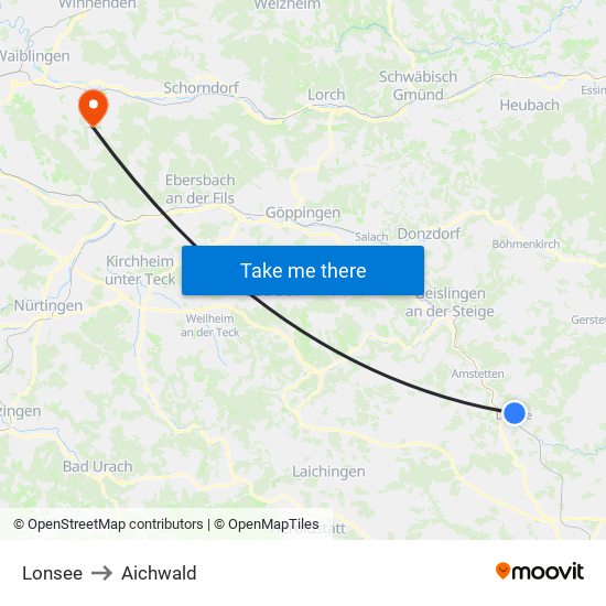 Lonsee to Aichwald map