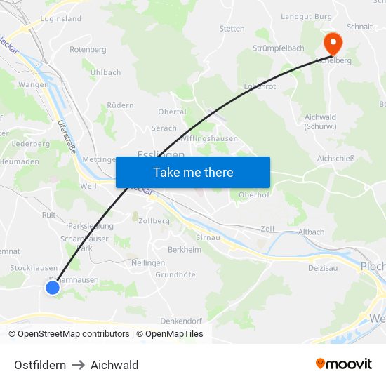 Ostfildern to Aichwald map