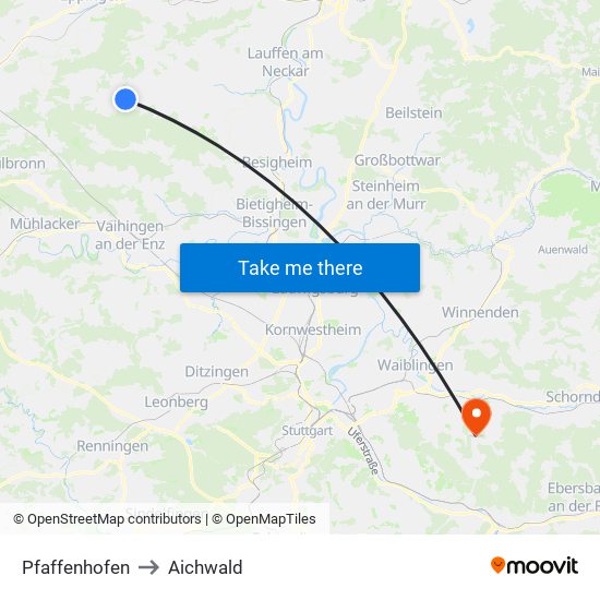 Pfaffenhofen to Aichwald map