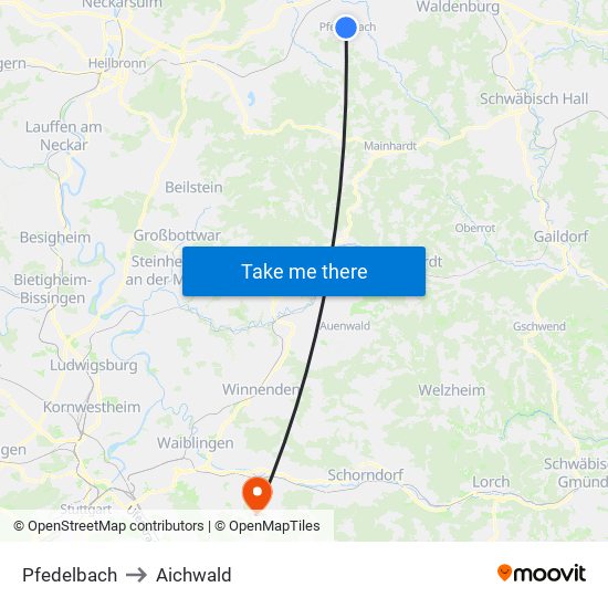 Pfedelbach to Aichwald map