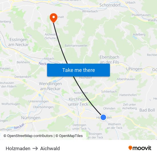 Holzmaden to Aichwald map