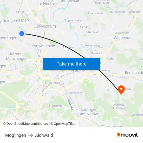 Möglingen to Aichwald map