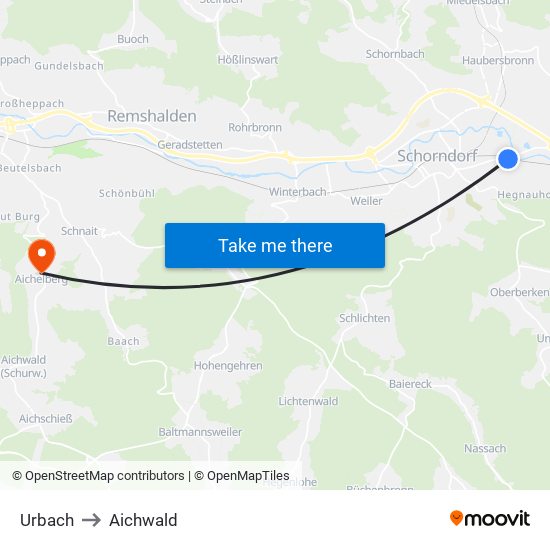 Urbach to Aichwald map
