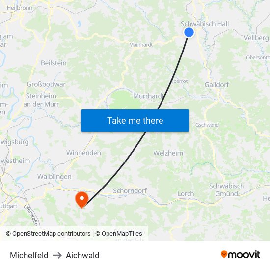 Michelfeld to Aichwald map