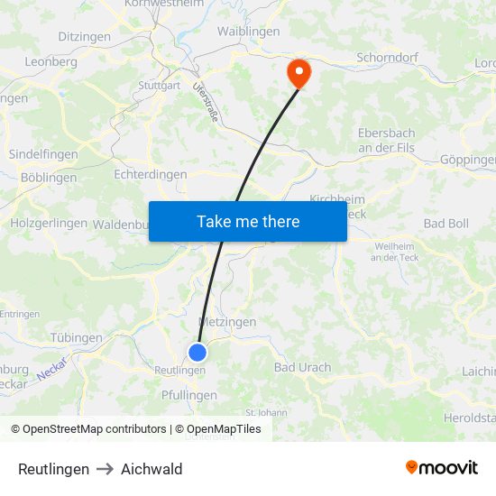 Reutlingen to Aichwald map