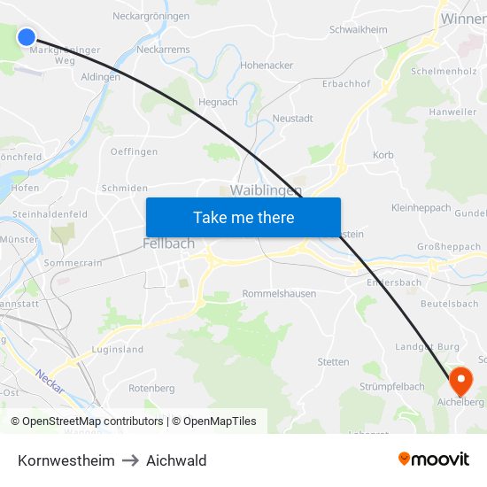 Kornwestheim to Aichwald map