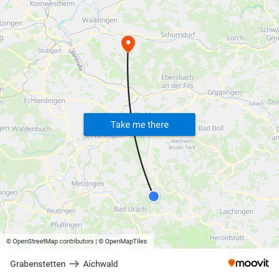 Grabenstetten to Aichwald map