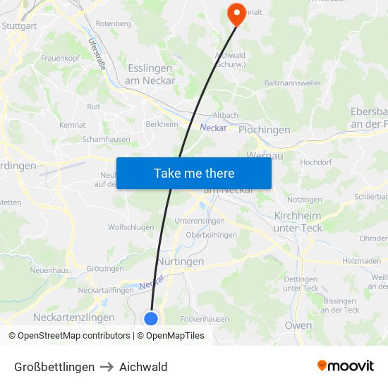 Großbettlingen to Aichwald map