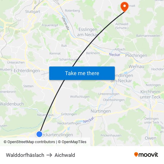 Walddorfhäslach to Aichwald map