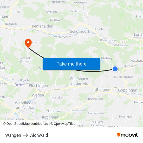 Wangen to Aichwald map