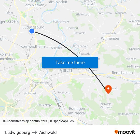 Ludwigsburg to Aichwald map