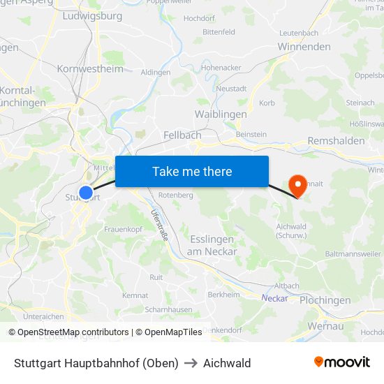 Stuttgart Hauptbahnhof (Oben) to Aichwald map