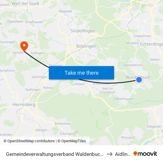 Gemeindeverwaltungsverband Waldenbuch/Steinenbronn to Aidlingen map