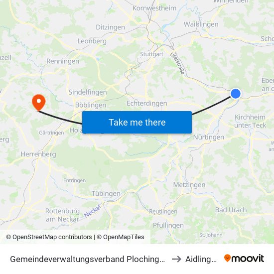 Gemeindeverwaltungsverband Plochingen to Aidlingen map