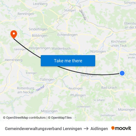 Gemeindeverwaltungsverband Lenningen to Aidlingen map