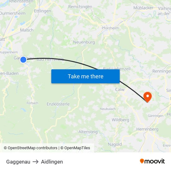 Gaggenau to Aidlingen map