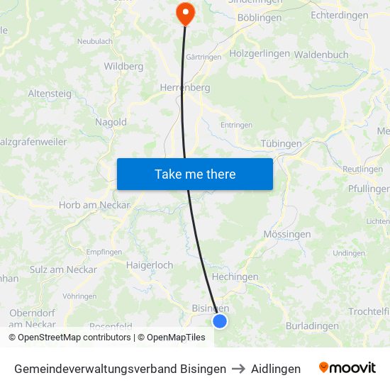 Gemeindeverwaltungsverband Bisingen to Aidlingen map
