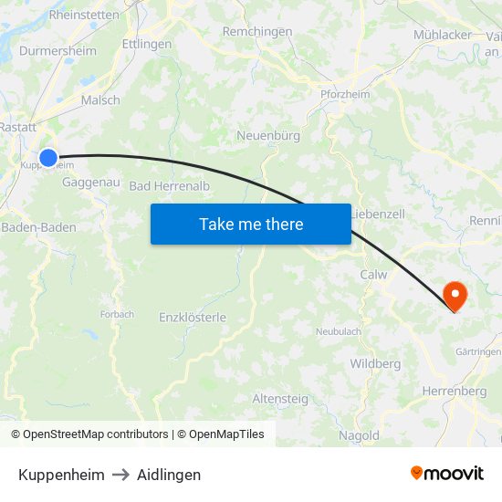 Kuppenheim to Aidlingen map